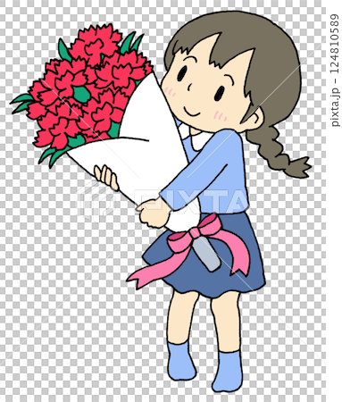 カーネーションの花束を持つ女の子 カーネーションの花束を持つ女の子 124810589
