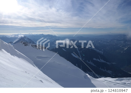Tranquil Lake With Lush Green Forest, Snow-Capped Mountain, Blue Sky And White Clouds 124810947