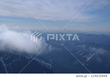 Tranquil Lake With Lush Green Forest, Snow-Capped Mountain, Blue Sky And White Clouds Tranquil Lake With Lush Green Forest, Snow-Capped Mountain, Blue Sky And White Clouds 124810948