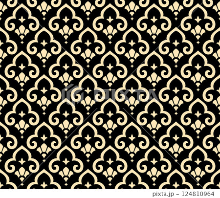 Flower geometric pattern. Seamless vector background. Golden and black ornament. Ornament for fabric, wallpaper, packaging. Decorative print 124810964