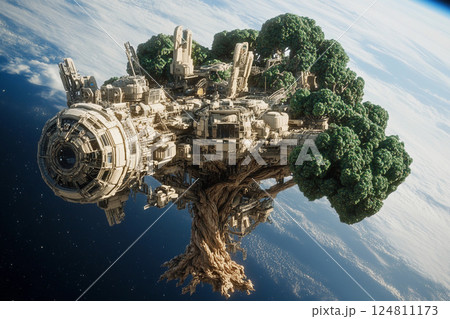 Floating tree city in space showcases futuristic architecture amid the cosmos Floating tree city in space showcases futuristic architecture amid the cosmos 124811173