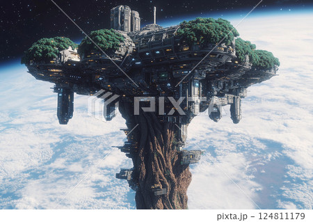 Floating tree city in space showcases futuristic architecture amid the cosmos 124811179