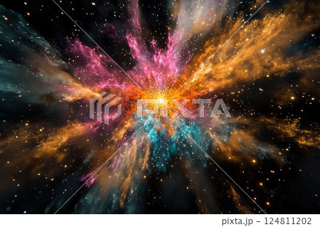 Cosmic explosion showcasing vibrant colors and swirling particles in deep space 124811202