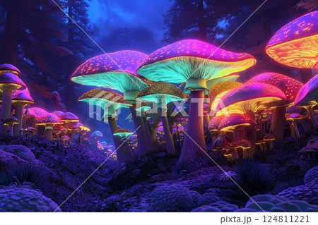 Vibrant glow of neon mushrooms under a starry night sky in a mystical forest landscape 124811221