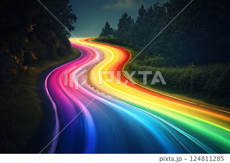 Colorful rainbow road stretches through green hills under a clear blue sky 124811285