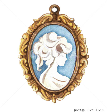 Baroque cameo golden pendant with gem girl silhouette Elegant watercolor illustration of oval antique bronze locket Perfect for vintage fashion, romantic postcard, sign, sticker, Valentine's day decor 124811299