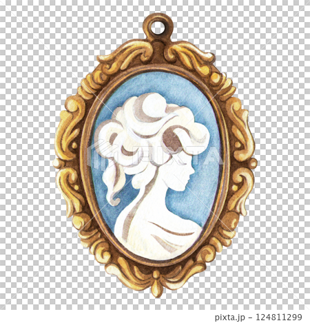 Baroque cameo golden pendant with gem girl silhouette Elegant watercolor illustration of oval antique bronze locket Perfect for vintage fashion, romantic postcard, sign, sticker, Valentine's day decor 124811299