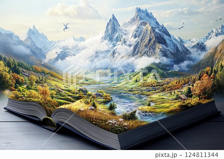 Magical landscape emerges from open book at night with stars illuminating the scene 124811344