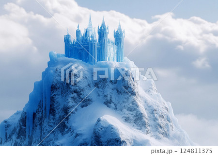 Majestic ice castle rises high above clouds on a snowy mountain peak under a bright blue sky 124811375
