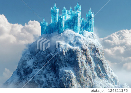 Majestic ice castle rises high above clouds on a snowy mountain peak under a bright blue sky 124811376