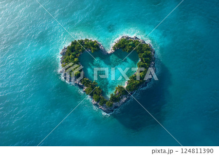 Heart-shaped island surrounded by turquoise water in a tropical setting 124811390