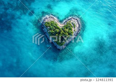 Heart-shaped island surrounded by turquoise water in a tropical setting 124811391