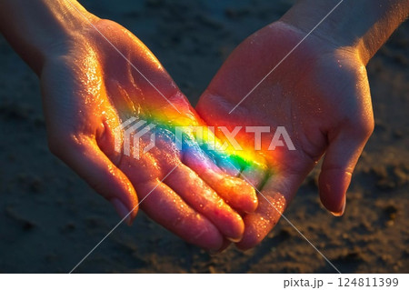 Hands catch a rainbow in sunlight during a...のイラスト素材 [124811399] - PIXTA