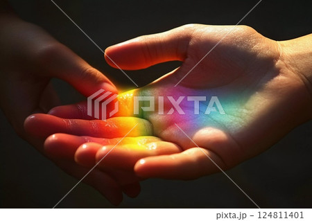 Hands catch a rainbow in sunlight during a...のイラスト素材 [124811401] - PIXTA