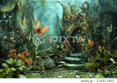 Lush tropical garden with vibrant plants and a serene pathway surrounded by greenery in a tranquil setting 124811403