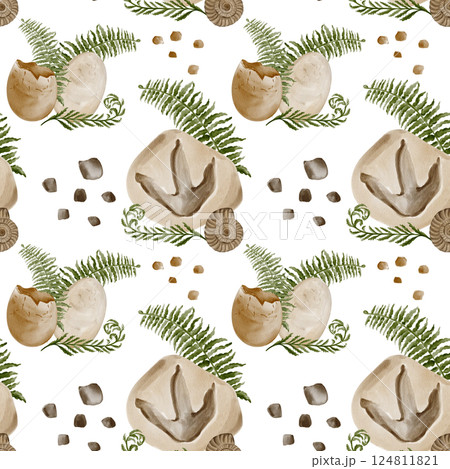 Seamless pattern with eggs. Fossils and plants. Dinosaur footprint on stone. Ancient ammonite shell. Small pebbles. Broken egg. Watercolor illustration without background. Hand drawing.  124811821
