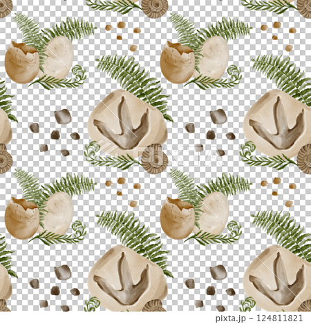Seamless pattern with eggs. Fossils and plants. Dinosaur footprint on stone. Ancient ammonite shell. Small pebbles. Broken egg. Watercolor illustration without background. Hand drawing.  124811821