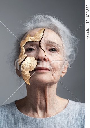 An elderly woman gazes softly into the distance, her face adorned with delicate golden brushstrokes, creating a striking contrast against the neutral background and dreamy lighting 124811822