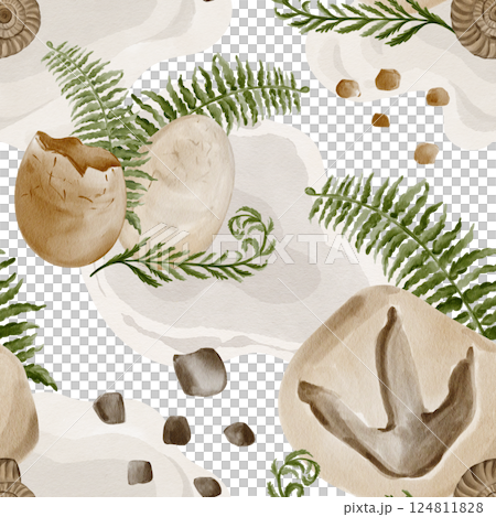 Seamless pattern with eggs. Fossils and plants. Dinosaur footprint on stone. Ancient ammonite shell. Small pebbles. Broken egg. Watercolor illustration without background. Hand drawing. Seamless pattern with eggs. Fossils and plants. Dinosaur footprint on stone. Ancient ammonite shell. Small pebbles. Broken egg. Watercolor illustration without background. Hand drawing. 124811828