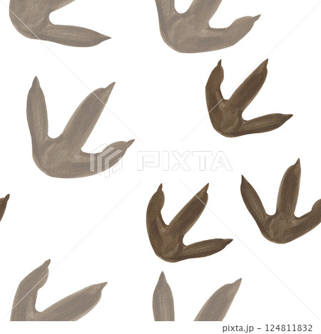 Seamless pattern Predator paw print with three fingers. animal footprints.Dinosaur or monster. Brown theranosaurus footprints. Watercolor illustration without background. Hand drawing.  124811832
