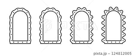 Set of arch shapes with wavy edges. Archway door, window or portal frames. Simple geometric forms with wiggly borders. Empty boxes, tags or labels. Vector graphic illustration 124812005