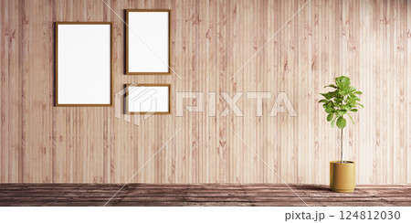 Wooden room with artwork templates. 124812030