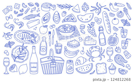 Mediterranean blue summer set. Hand drawn vintage doodle drawing. Family dinner, picnic, breakfast with wine, pasta and snacks. Dolce vita table setting drawings for cafe or restaurant menus design. 124812268