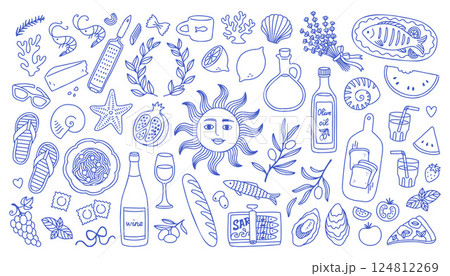 Mediterranean blue summer set. Hand drawn vintage doodle drawing. Family dinner, picnic, breakfast with wine, pasta and snacks. Dolce vita table setting drawings for cafe or restaurant menus design. 124812269