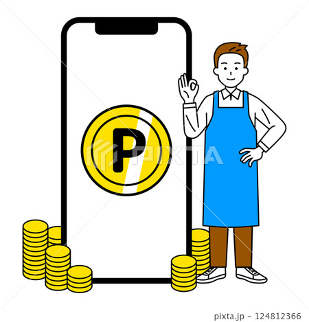 スマートフォンでポイントをたくさんゲットするエプロン姿の男性 124812366