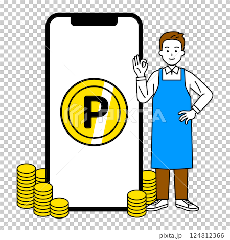 スマートフォンでポイントをたくさんゲットするエプロン姿の男性 124812366