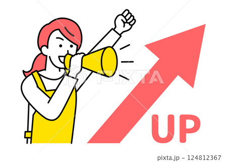 上昇する矢印とメガホンで応援するエプロン姿の女性 124812367