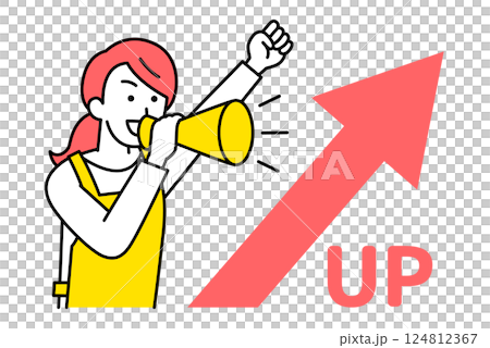一名身穿圍裙的婦女拿著一支上升的箭頭和擴音器歡呼 一名身穿圍裙的婦女拿著一支上升的箭頭和擴音器歡呼 124812367