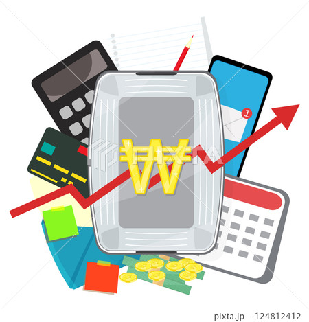 Infographic vector illustration grocery basket with currency icon, calculator with smartphone, to do list with notes laying around. Living cost inflation and budget planning. Infographic vector illustration grocery basket with currency icon, calculator with smartphone, to do list with notes laying around. Living cost inflation and budget planning. 124812412