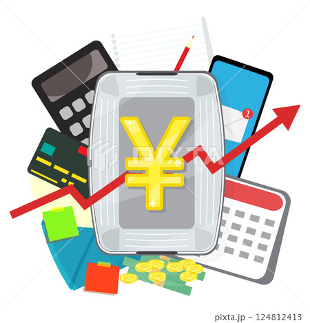 Infographic vector illustration grocery basket with currency icon, calculator with smartphone, to do list with notes laying around. Living cost inflation and budget planning. Infographic vector illustration grocery basket with currency icon, calculator with smartphone, to do list with notes laying around. Living cost inflation and budget planning. 124812413
