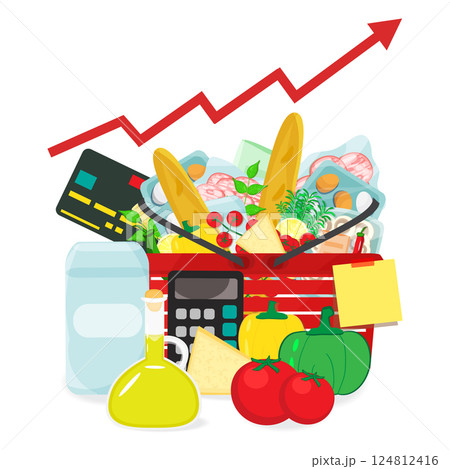 Infographic vector illustration basket with grocery products, calculator and credit card, money cash with coins stacks and arrow. Living cost inflation and budget planning. 124812416