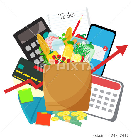 Infographic vector illustration with grocery products, calculator with smartphone, to do list and envelope with notes laying around. Living cost inflation and budget planning. 124812417