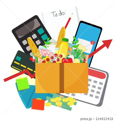 Infographic vector illustration with grocery products, calculator with smartphone, to do list and envelope with notes laying around. Living cost inflation and budget planning. 124812418