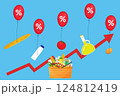 Infographic vector illustration of grocery food and drink main products flying on tax rate balloons with red arrow rising up. Living cost inflation and budget planning. 124812419