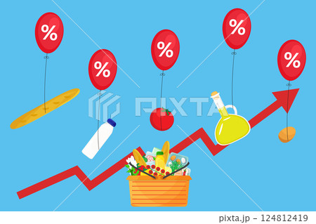 Infographic vector illustration of grocery food and drink main products flying on tax rate balloons with red arrow rising up. Living cost inflation and budget planning. 124812419