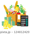Infographic vector illustration of box with grocery products, calculator, credit card and cash with coins stacks. Living cost inflation and budget planning. 124812420