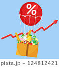 Vector illustration box with grocery flying on red air balloon with percent sign on blue background with red arrow inflation rise. Living cost inflation and budget plan. 124812421