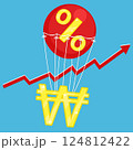 Vector illustration of won golden icon flying on red air balloon with percent sign on blue background with red arrow inflation rise. Living cost inflation and budget plan. 124812422