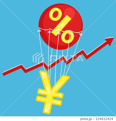 Vector illustration of yen yuan golden icon flying on red air balloon with percent sign on blue background with red arrow inflation rise. Living cost inflation budget plan. Vector illustration of yen yuan golden icon flying on red air balloon with percent sign on blue background with red arrow inflation rise. Living cost inflation budget plan. 124812424