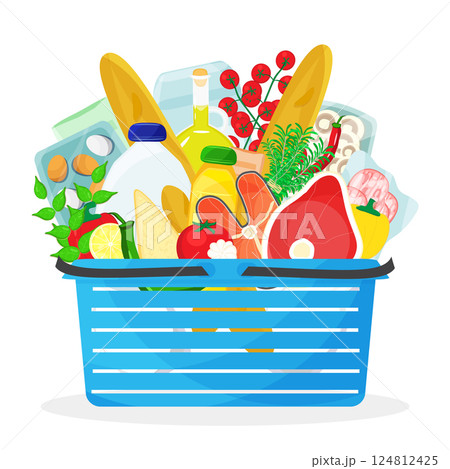 Vector illustration of blue shopping basket full of food and drink grocery products, including dairy, meat and fish, bread and vegetables. Home cooking and living cost concept. 124812425