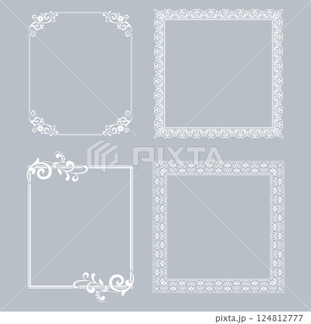 Set of decorative frames Elegant vector element for design in Eastern style, place for text. Floral gray and white borders. Lace illustration for invitations and greeting cards Set of decorative frames Elegant vector element for design in Eastern style, place for text. Floral gray and white borders. Lace illustration for invitations and greeting cards 124812777