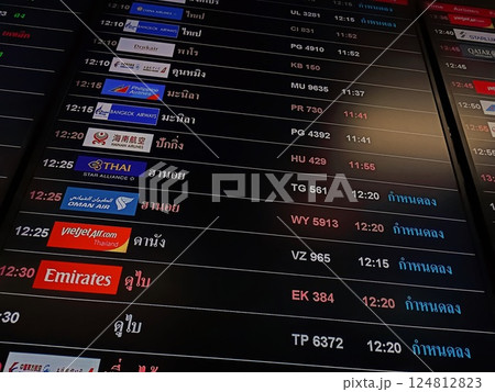 BANGKOK, THAILAND, February 25, 2025. An electronic flight arrival information display in Thai language at Suvarnabhumi Airport in Bangkok. Flight number and arrival time for different Airlines BANGKOK, THAILAND, February 25, 2025. An electronic flight arrival information display in Thai language at Suvarnabhumi Airport in Bangkok. Flight number and arrival time for different Airlines 124812823