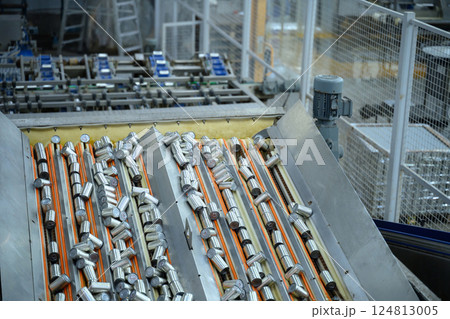 Cans moving along a conveyor belt in a manufacturing plant Cans moving along a conveyor belt in a manufacturing plant 124813005