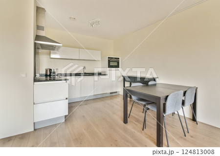 A sleek, modern kitchen featuring white cabinets, a black countertop, and minimalist design elements. Perfect for contemporary living spaces. A sleek, modern kitchen featuring white cabinets, a black countertop, and minimalist design elements. Perfect for contemporary living spaces. 124813008