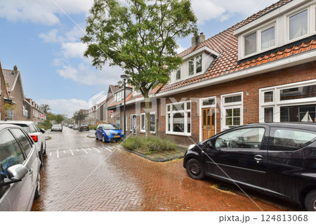 A quaint residential street featuring several parked cars and houses with well-kept facades, illuminated by soft daylight after rainfall. A tree adds a touch of greenery. 124813068