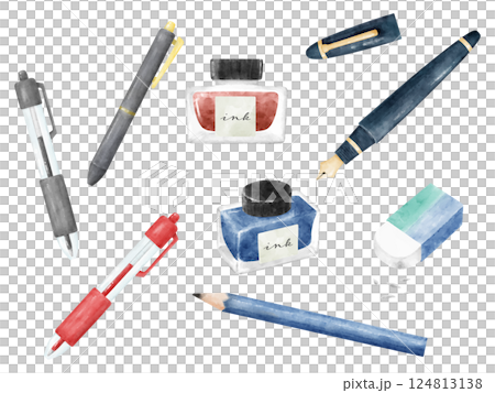 Watercolor style writing utensils illustration set 124813138